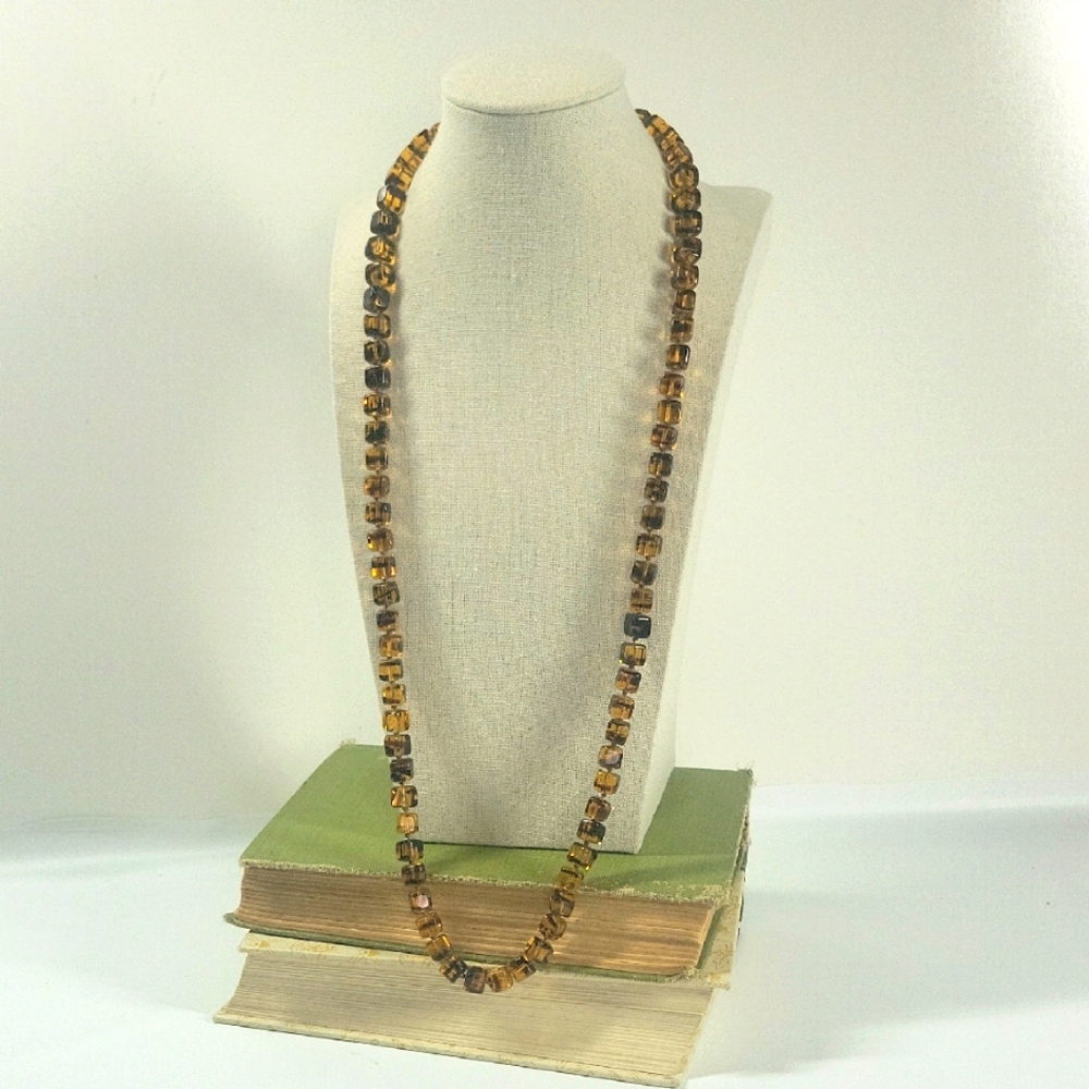 VTG Czech Glass Necklace Brown Honey Caramel Graduated Bead 31.5"